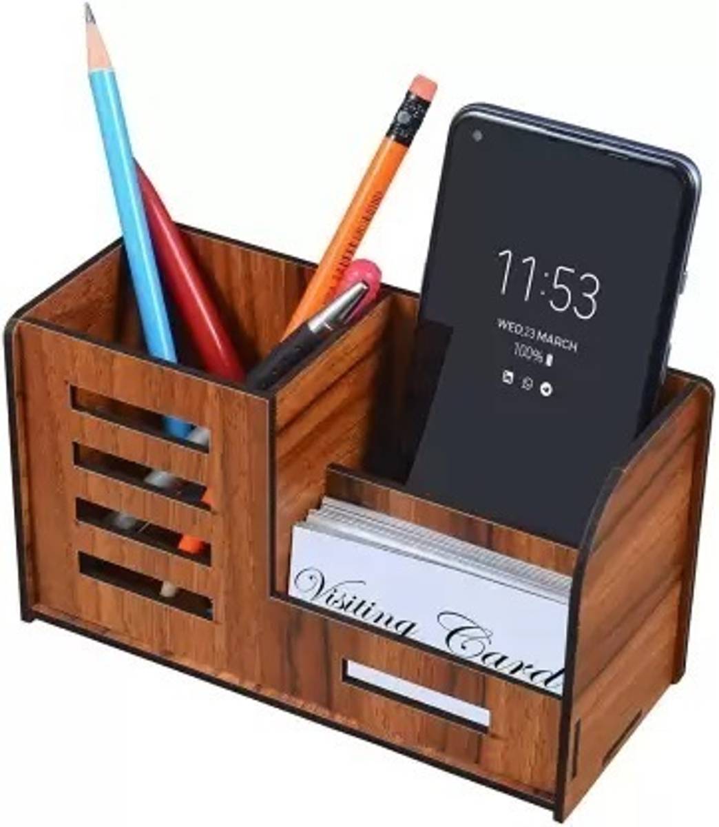 SES 3 Compartments Wooden Wooden Pen / Pencil Stand With Visiting Card & Mobile Holder For Desk Organizers — photo 4