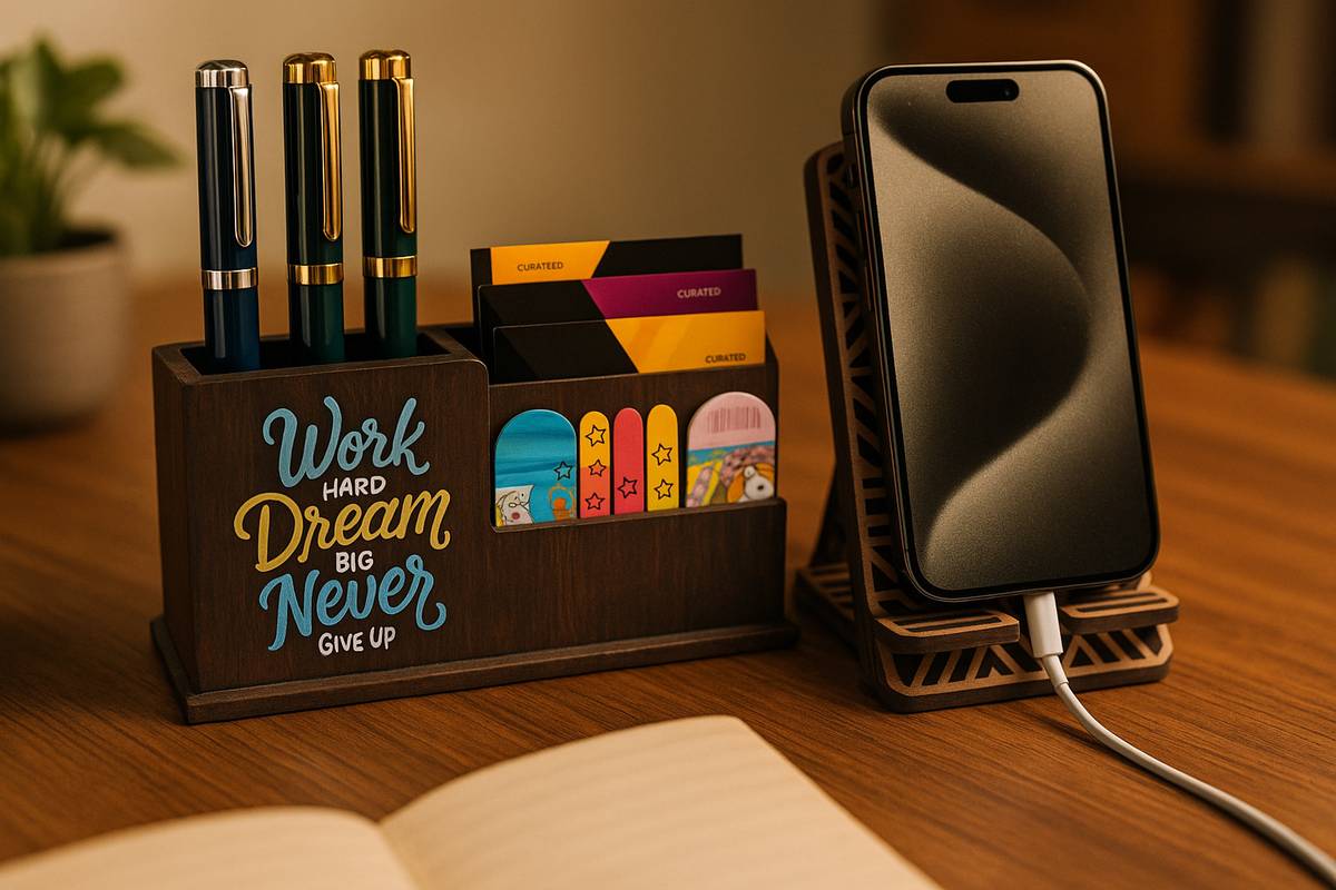 3 Compartments Premium Wood Finish Pen Stand / Pen Holder / Mobile Holder / Visiting Card Holder — photo 3