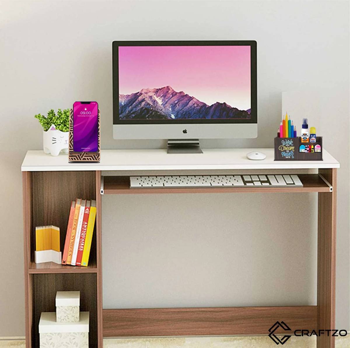 3 Compartments Premium Wood Finish Pen Stand / Pen Holder / Mobile Holder / Visiting Card Holder — photo 4
