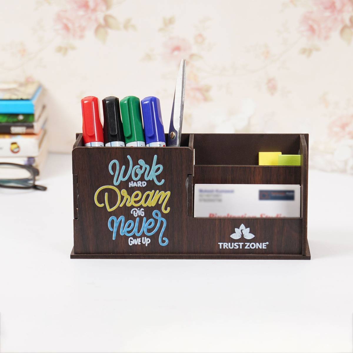 3 Compartments Wooden With Motivational Quotes Pen Holder / Desk organiser / Visiting Card Holder — photo 3