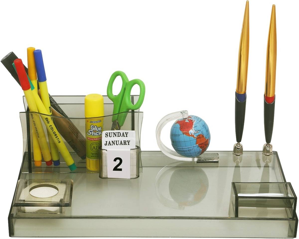 RASPER Multipurpose 3 Compartments Acrylic Executive Table Top Desk Organizer, With Globe Pencil Holder (11x6 Inch) Pen Stand For Office