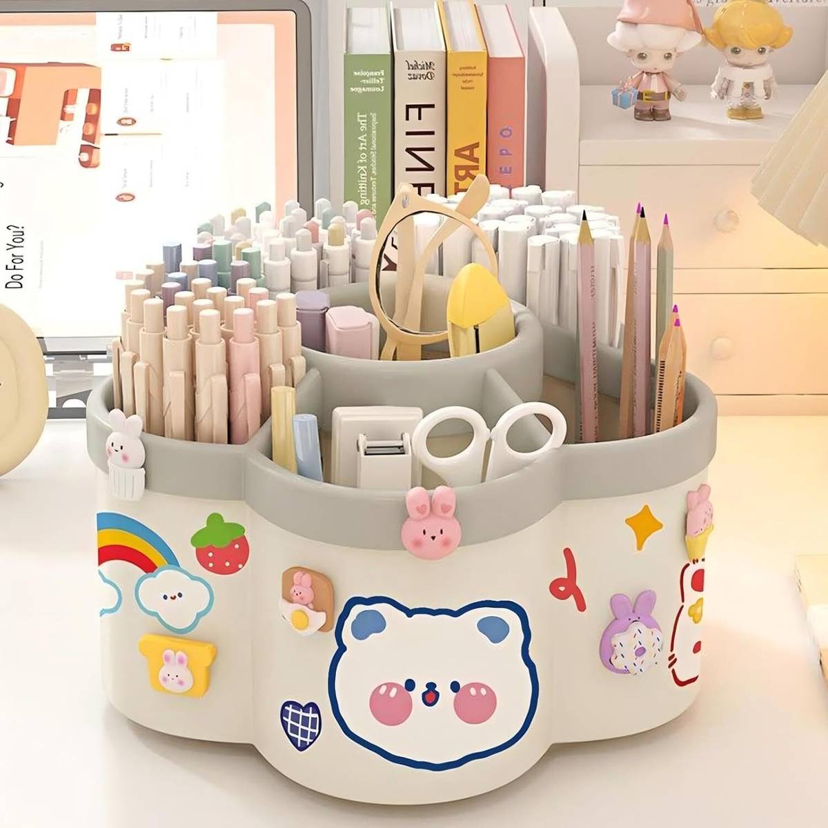 6 Compartments Plastic Classic 360° Rotating Flower Design Pen Holder For Office & Home Desk — photo 5