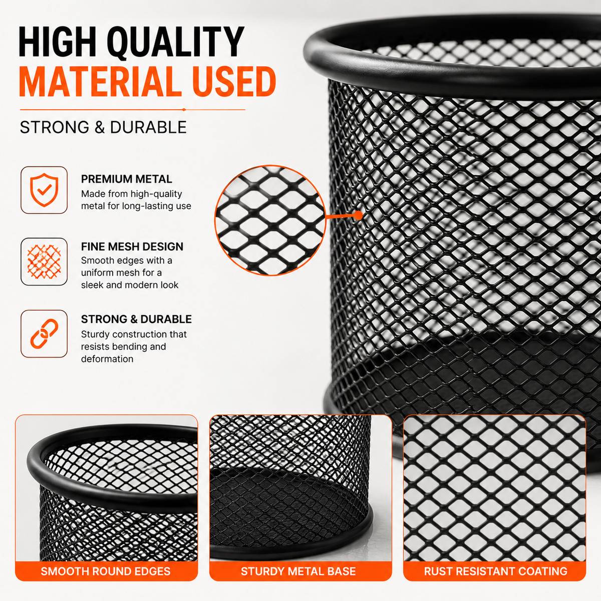 1 Compartments Premium Metal Round Mesh Pen Stand, Pencil Holder Table Desk Organizer for Home, office ( Pack of 2 ) — photo 3
