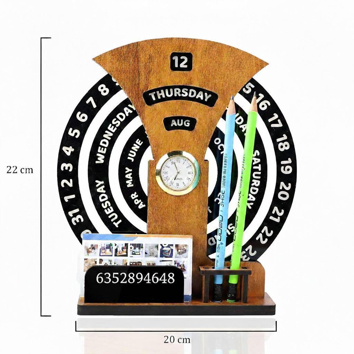 UrbanLane 2 Compartments Wooden Round Wooden Infinity Desktop Calendar with Clock — photo 2