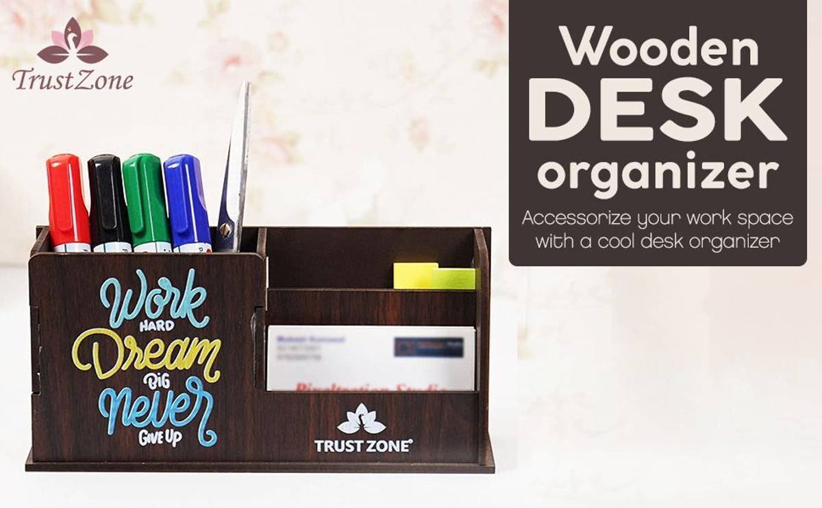 3 Compartments Wooden With Motivational Quotes Pen Holder / Desk organiser / Visiting Card Holder — photo 2