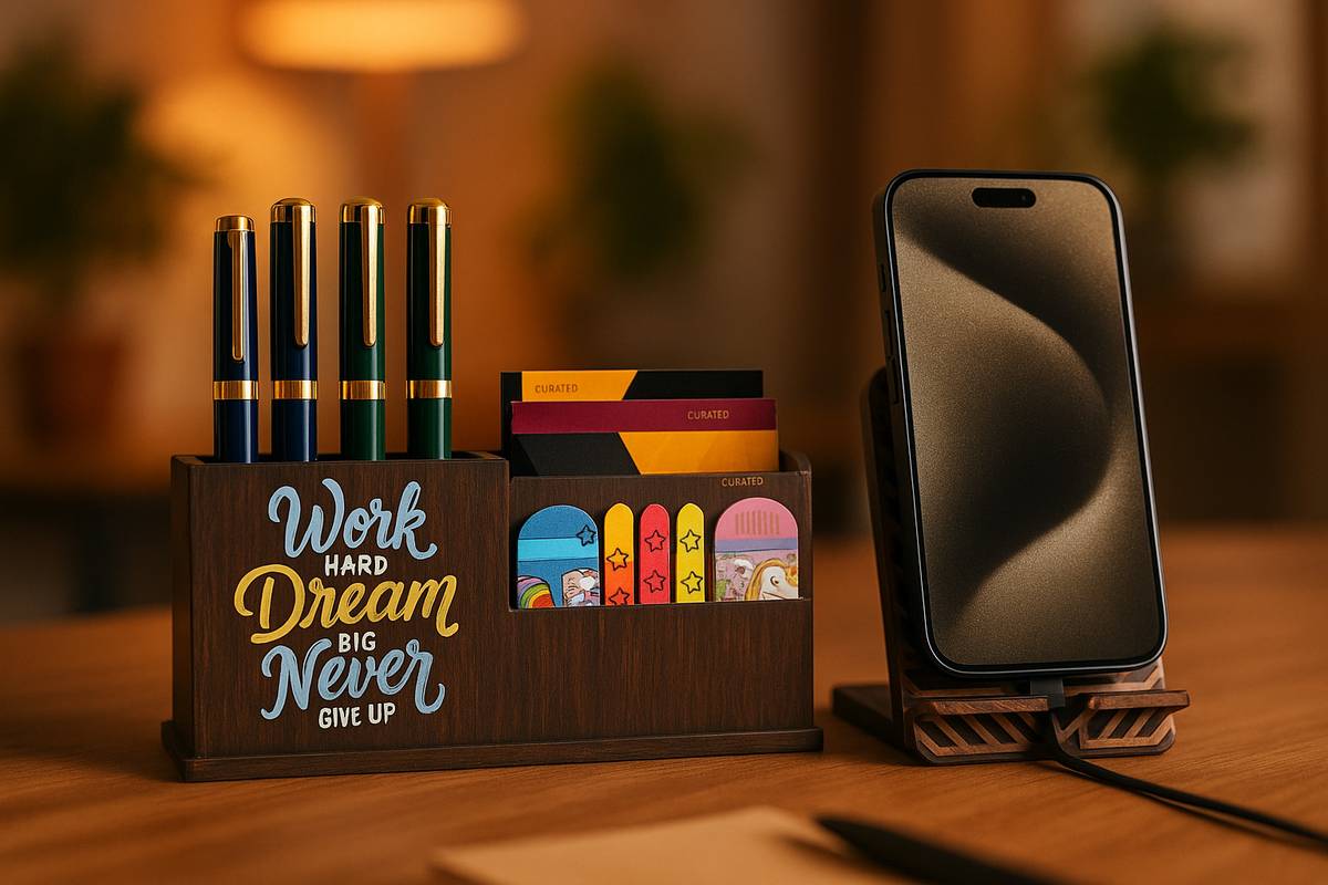 3 Compartments Premium Wood Finish Pen Stand / Pen Holder / Mobile Holder / Visiting Card Holder — photo 5