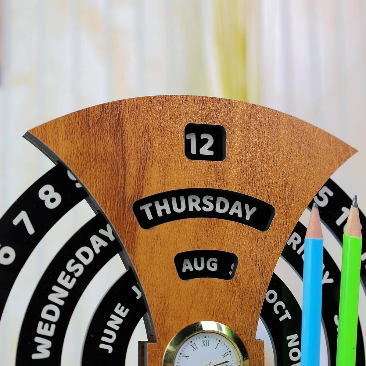 UrbanLane 2 Compartments Wooden Round Wooden Infinity Desktop Calendar with Clock — photo 3