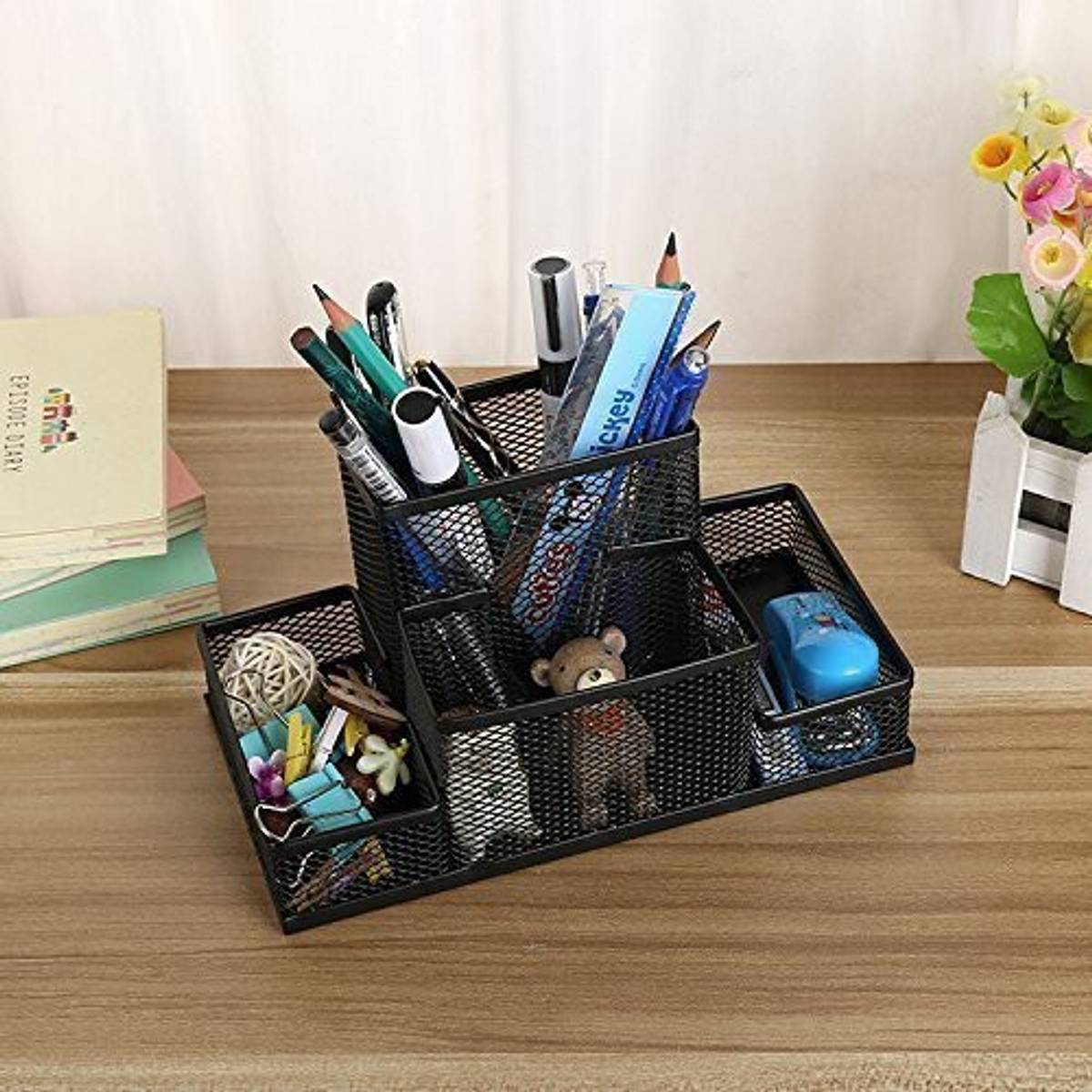 4 Compartments Mesh Metal Desk Organizer Pen Pencil Stand