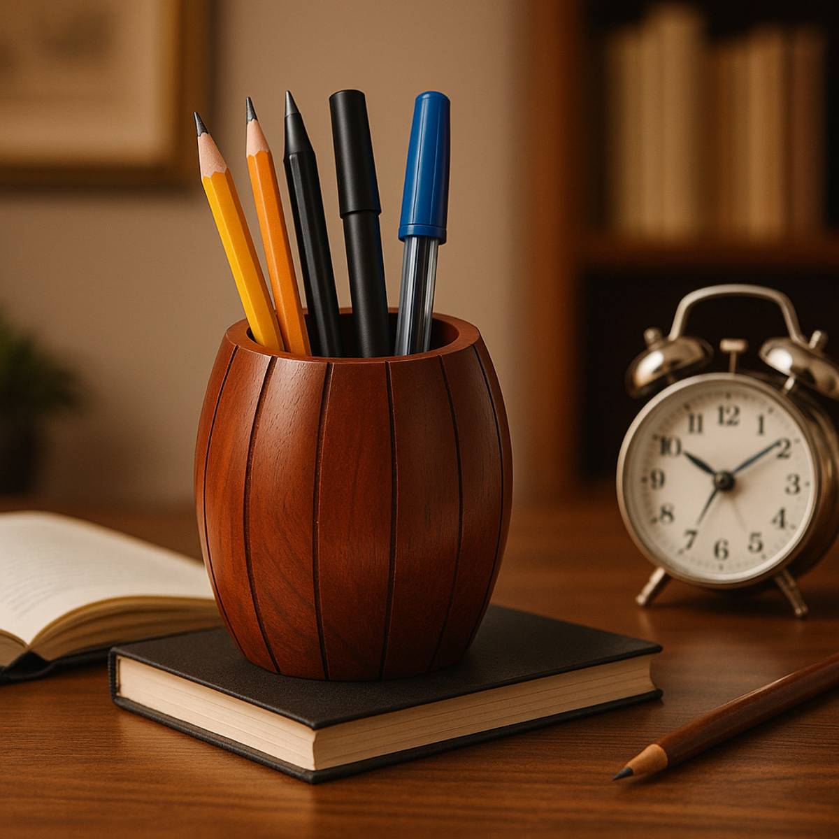 DAIVIKSDECOR 1 Compartments Wooden Handmade Wooden Barrel Shape Pencil Holder, Pen Stand for Office Table Decor