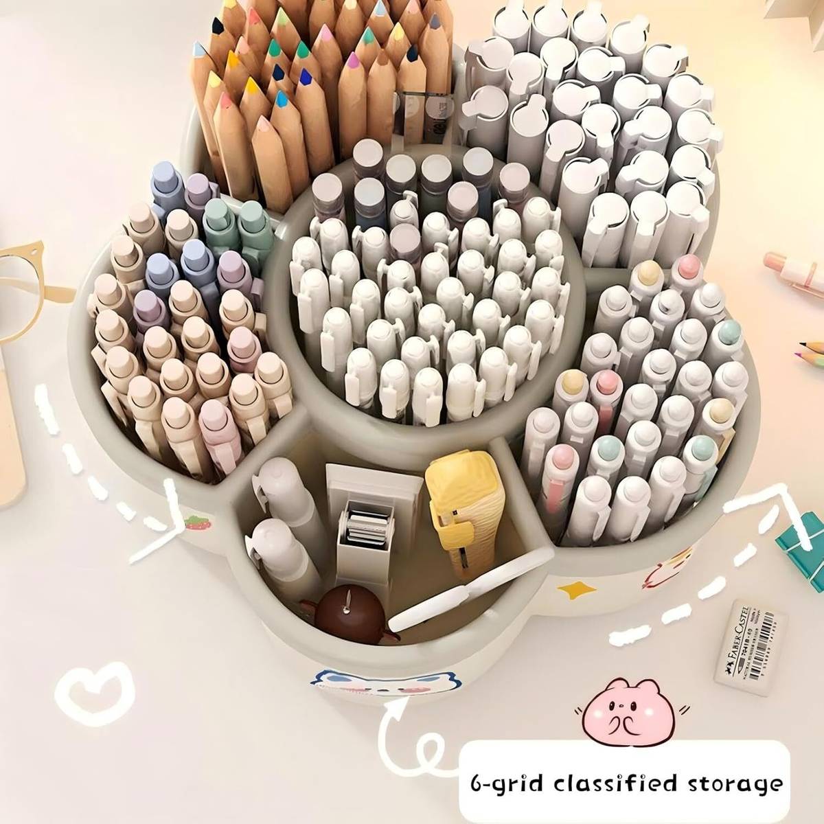 6 Compartments Plastic Classic 360° Rotating Flower Design Pen Holder For Office & Home Desk — photo 2