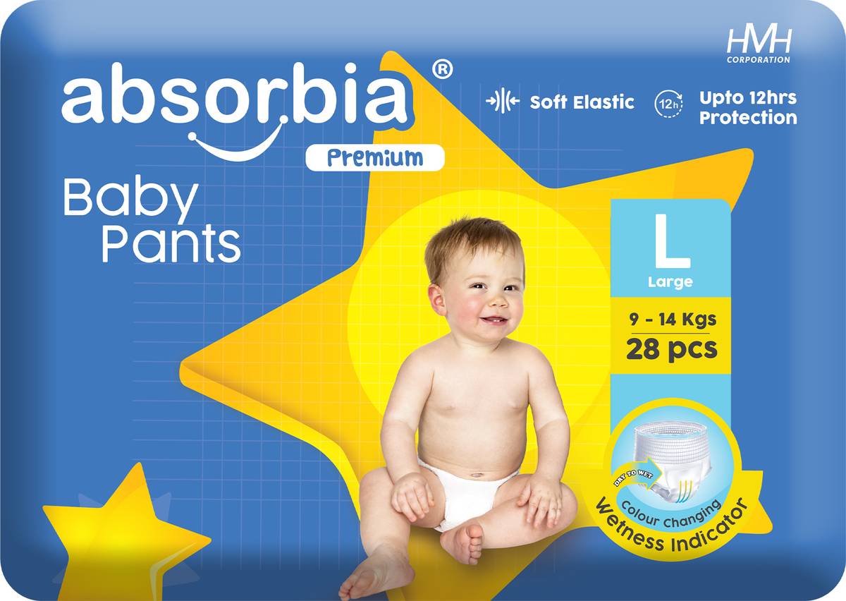 ABSORBIA Baby Pant Diaper Large (L) 9-14 Kg, 28s x Pack of 1 | Up to 12Hrs Protection Pant Diapers - L