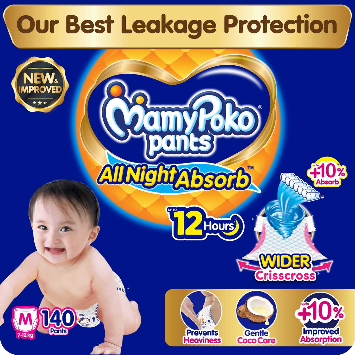 MamyPoko Premium All Night Absorb, Coco Care & 12hr Leakage Protection - M (140 Count) Pant Diapers - M