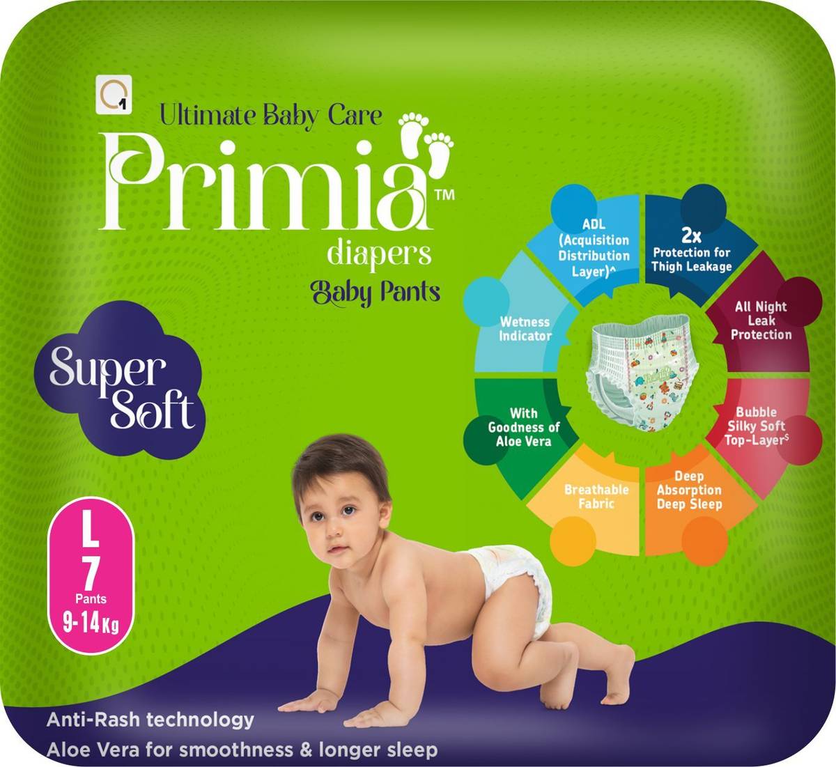 PRIMIA Diaper with Aloe Vera & Anti - Rash Technology I Up to 12 Hours I 09- 14 kg I Pant Diapers - L