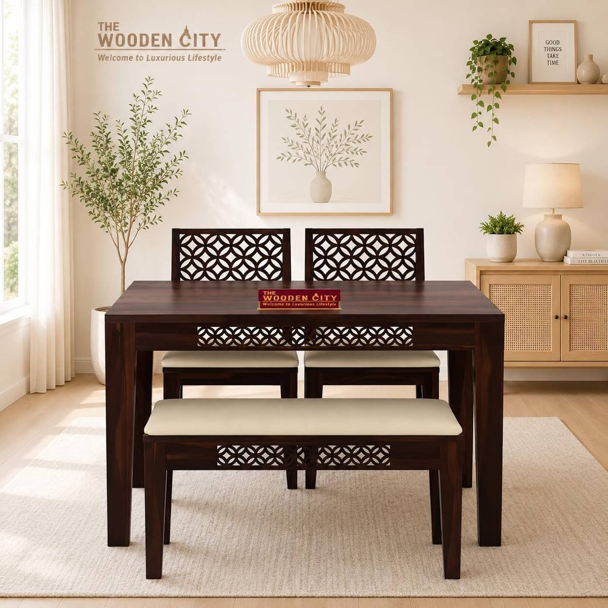 THE WOODEN CITY Rosewood (Sheesham) Dining Room Set with Bench Solid Wood 4 Seater Dining Set
