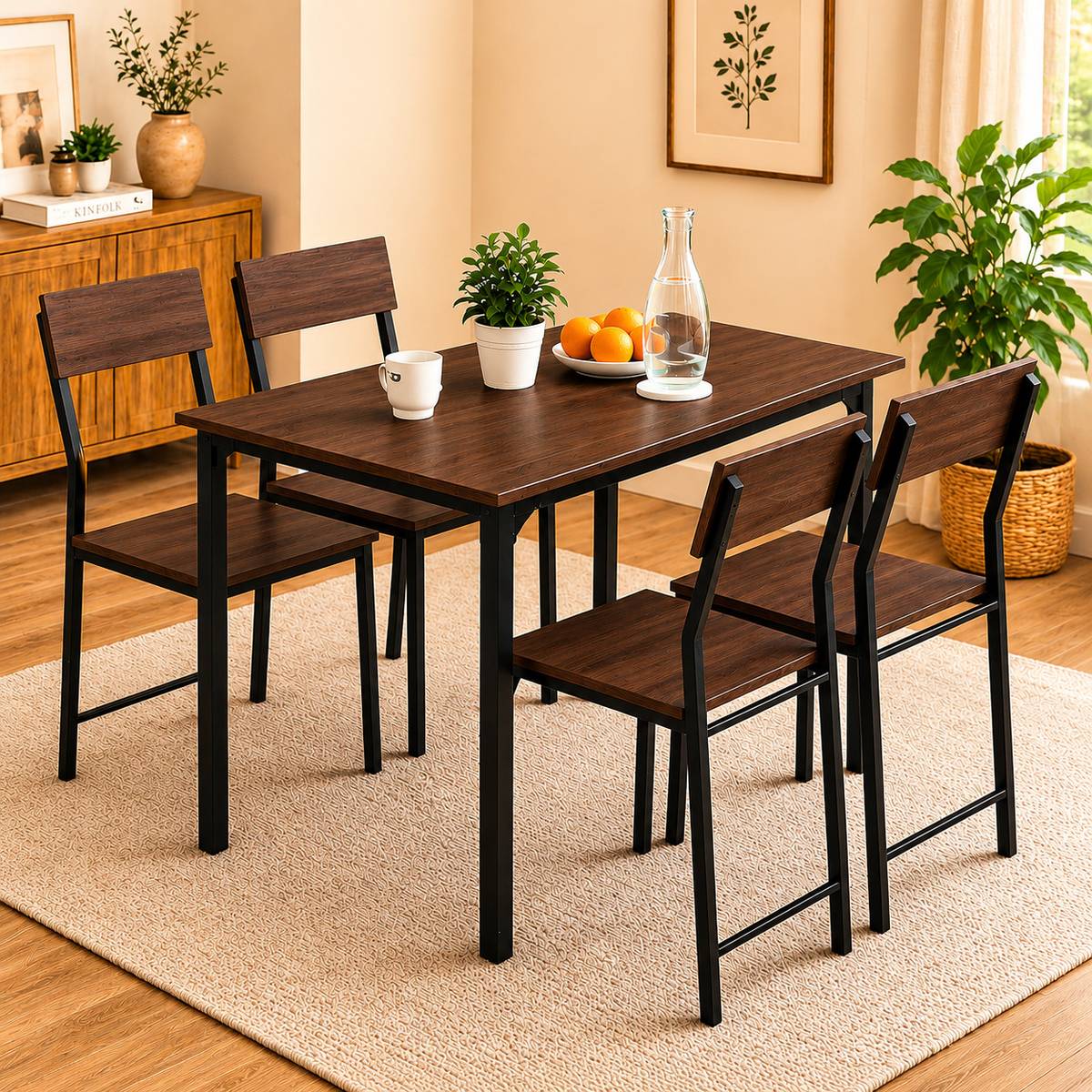 furniba 4 seater Dining Table set with chairs | Metal Frame | Sapce Saving | Engineered Wood