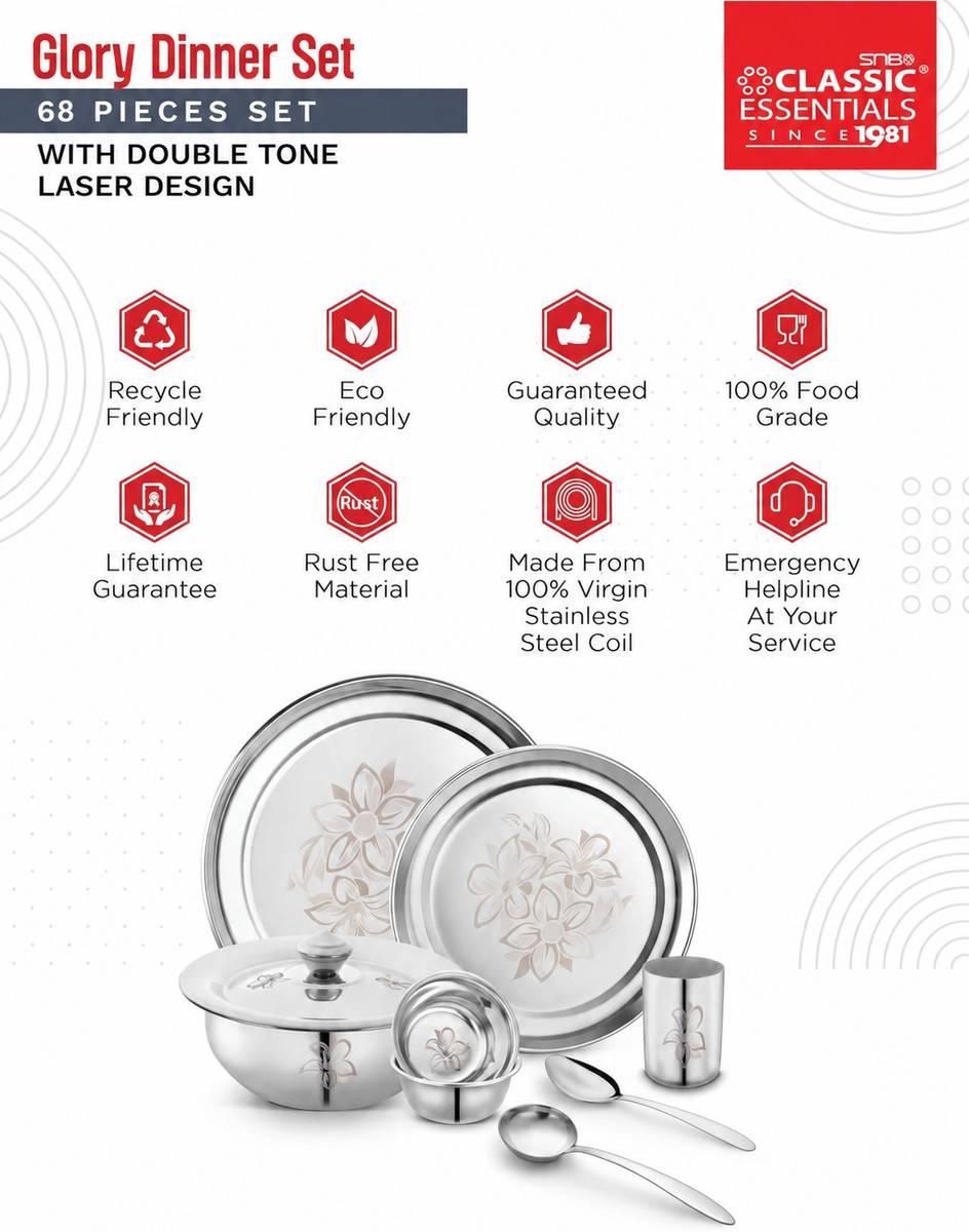 Classic Essentials Pack of 71 Stainless Steel Dinner Set|Serves 6 People|Heavy Gauge|Kitchen Set|Permanent Laser-Glory Dinner Set — photo 4