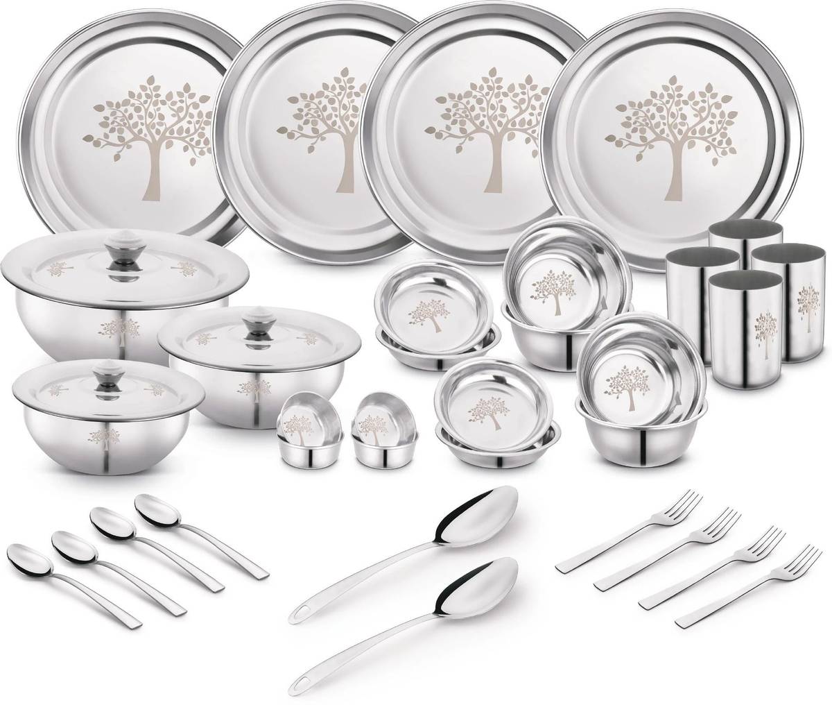 Classic Essentials Pack of 36 Stainless Steel Dinner Set|Serves 4 People|Heavy Gauge|Kitchen Set|Permanent Laser-Vriksha Dinner Set