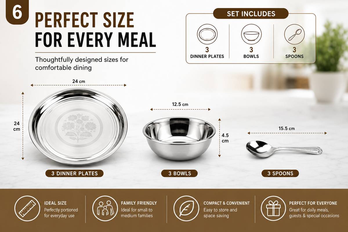 Weezly Pack of 9 Stainless Steel 3 Plate,3 Bowl,3 Spoon Heavy Gauge Kitchen Set for Home | Lazer Design Dinner Set — photo 2