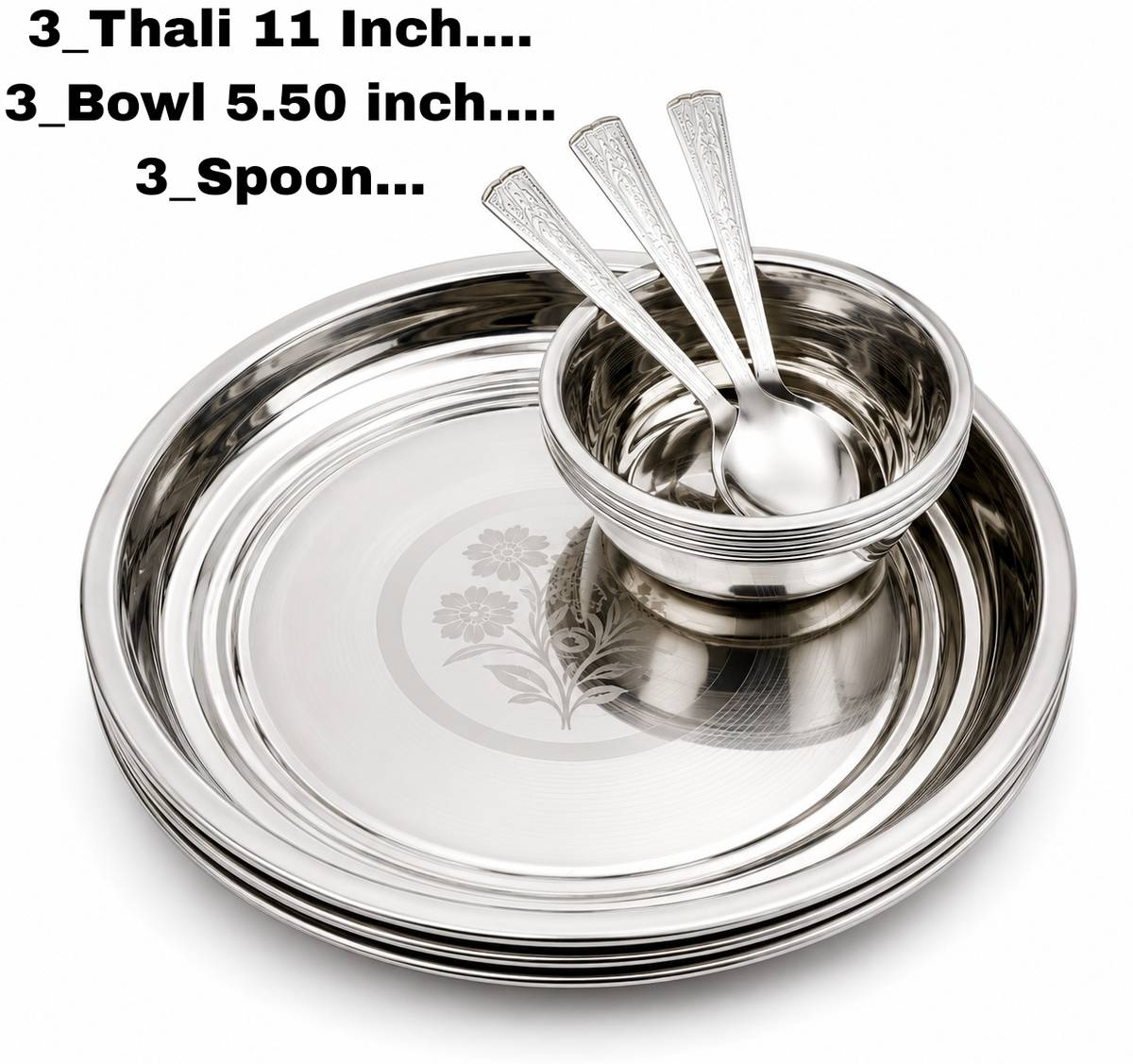Weezly Pack of 9 Stainless Steel 3 Plate,3 Bowl,3 Spoon Heavy Gauge Kitchen Set for Home | Lazer Design Dinner Set — photo 5