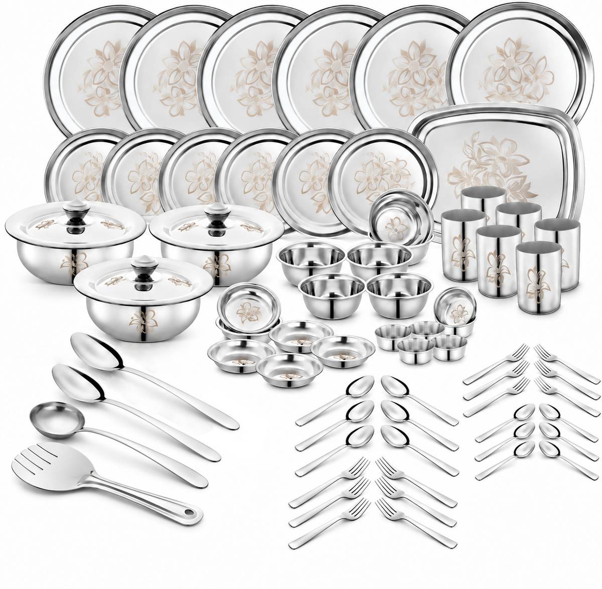 Classic Essentials Pack of 71 Stainless Steel Dinner Set|Serves 6 People|Heavy Gauge|Kitchen Set|Permanent Laser-Glory Dinner Set