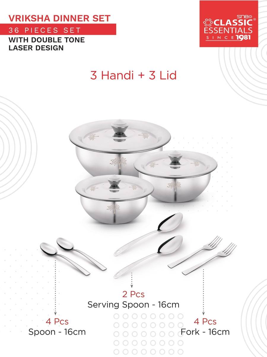 Classic Essentials Pack of 36 Stainless Steel Dinner Set|Serves 4 People|Heavy Gauge|Kitchen Set|Permanent Laser-Vriksha Dinner Set — photo 3