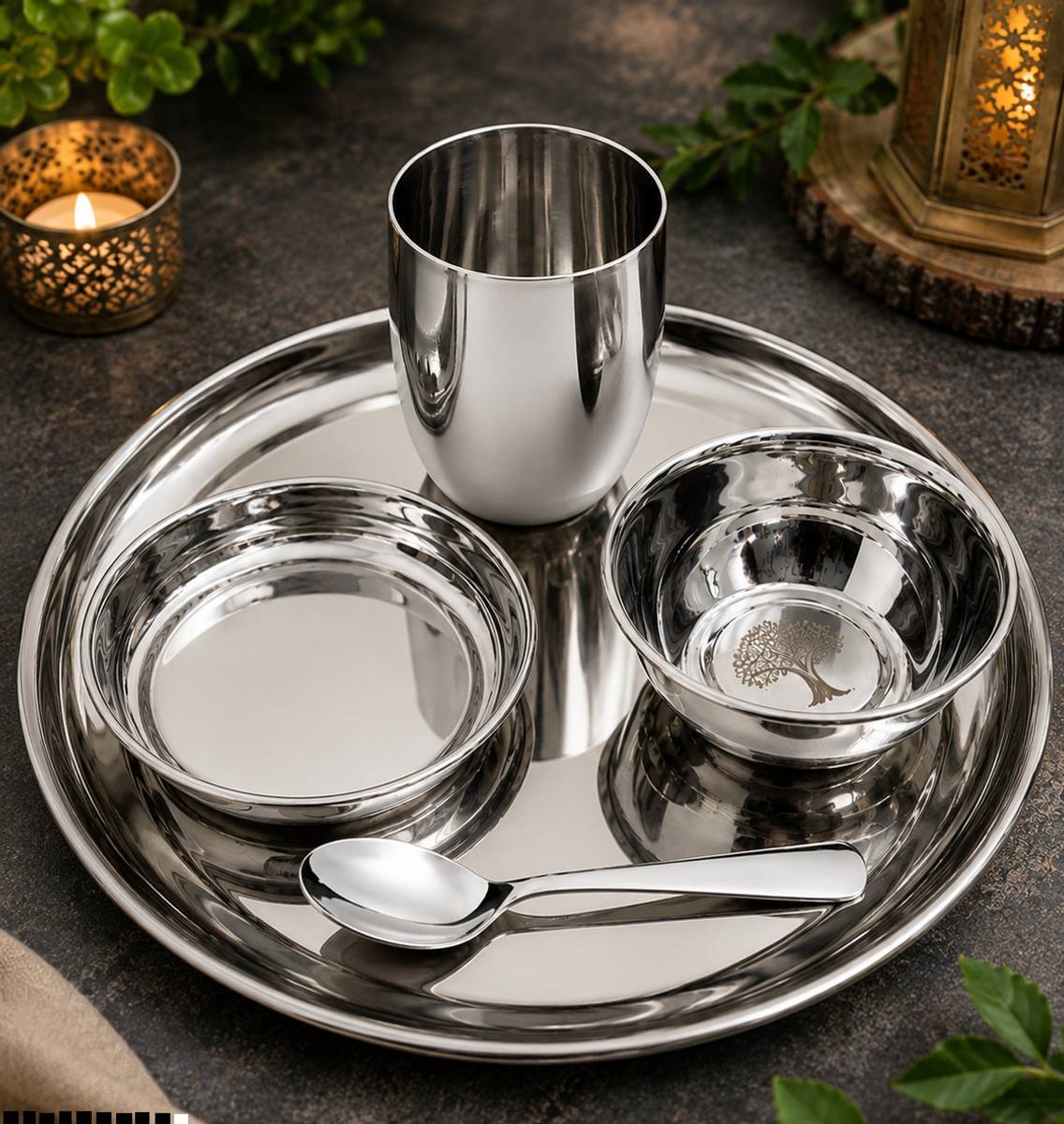 BZILO Pack of 5 Stainless Steel Premium 5 pcs Stainless Steel Dinner Set Mirror Finish Silver Dining Combo B48 Dinner Set