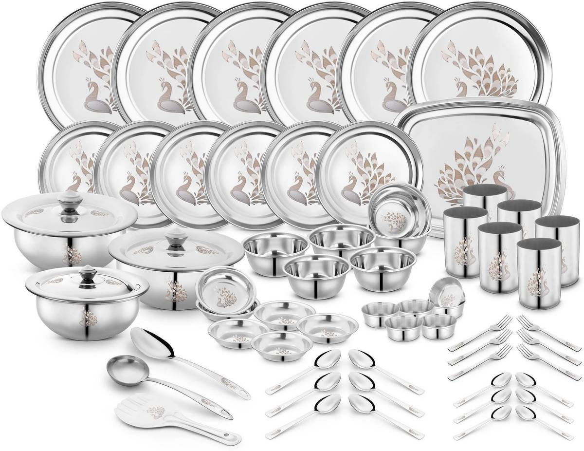 Classic Essentials Pack of 64 Stainless Steel Dinner Set|Serves 6 People|Heavy Gauge|Kitchen Set|Permanent Laser-Peacock Dinner Set