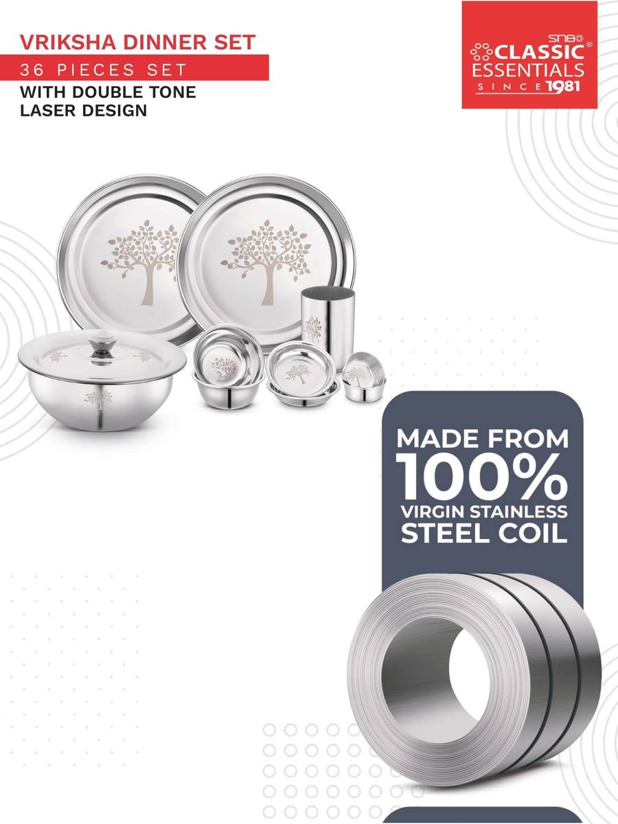 Classic Essentials Pack of 36 Stainless Steel Dinner Set|Serves 4 People|Heavy Gauge|Kitchen Set|Permanent Laser-Vriksha Dinner Set — photo 4