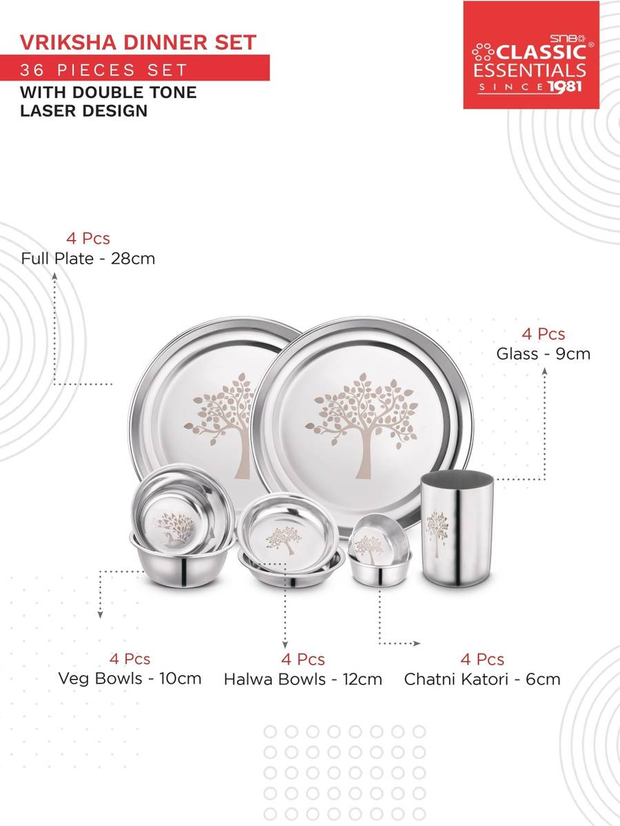 Classic Essentials Pack of 36 Stainless Steel Dinner Set|Serves 4 People|Heavy Gauge|Kitchen Set|Permanent Laser-Vriksha Dinner Set — photo 2