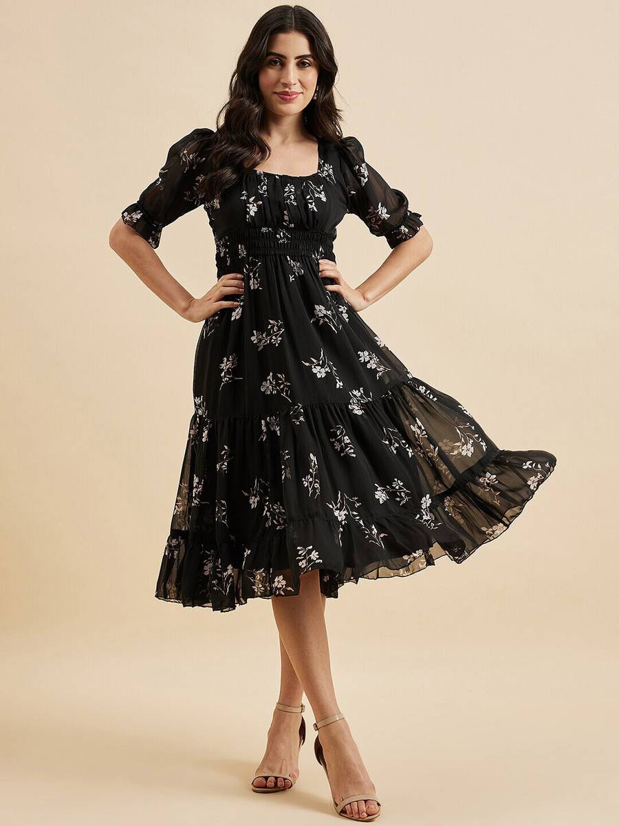ZWERLON Women Fit and Flare Black Midi/Calf Length Dress