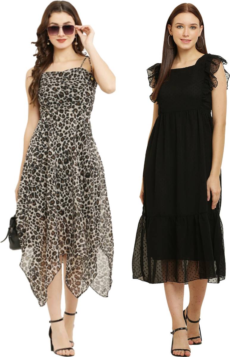 Women High Low Black, White, Beige Midi/Calf Length Dress