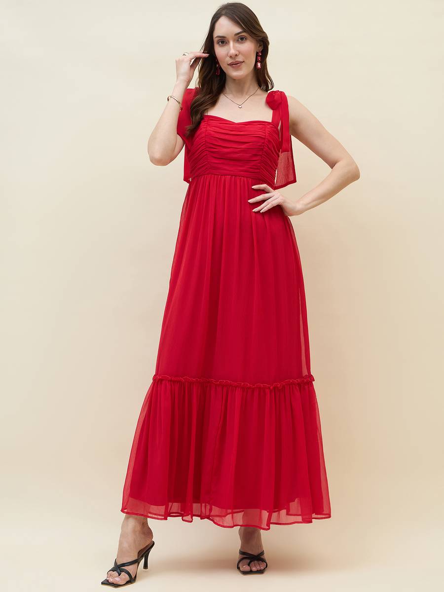 AAYU Women Layered Red Maxi/Full Length Dress
