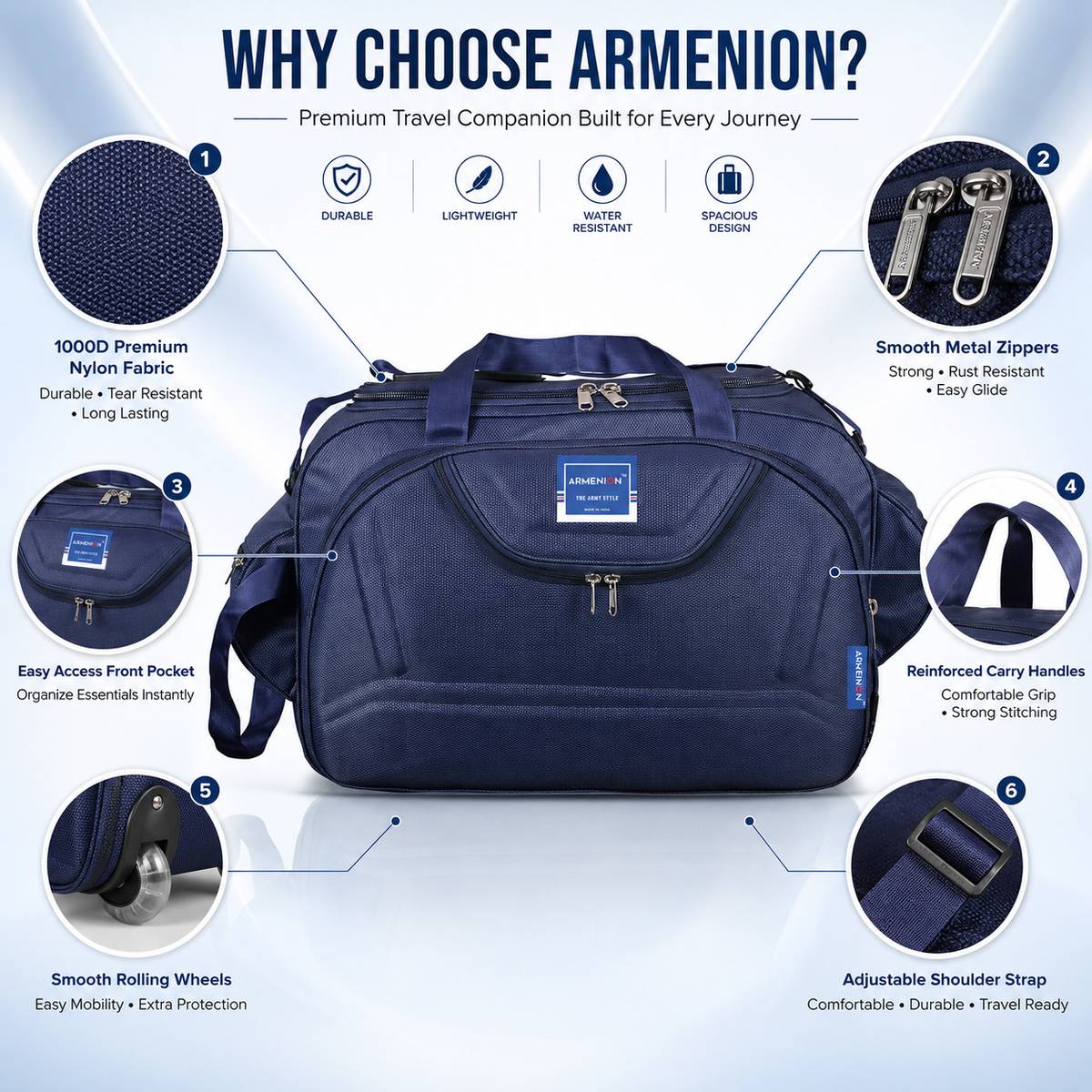 ARMENION (Expandable) Epoch-60L Duffle Strolley Bag - Waterproof Nylon Duffel With Wheels (Strolley) — photo 5