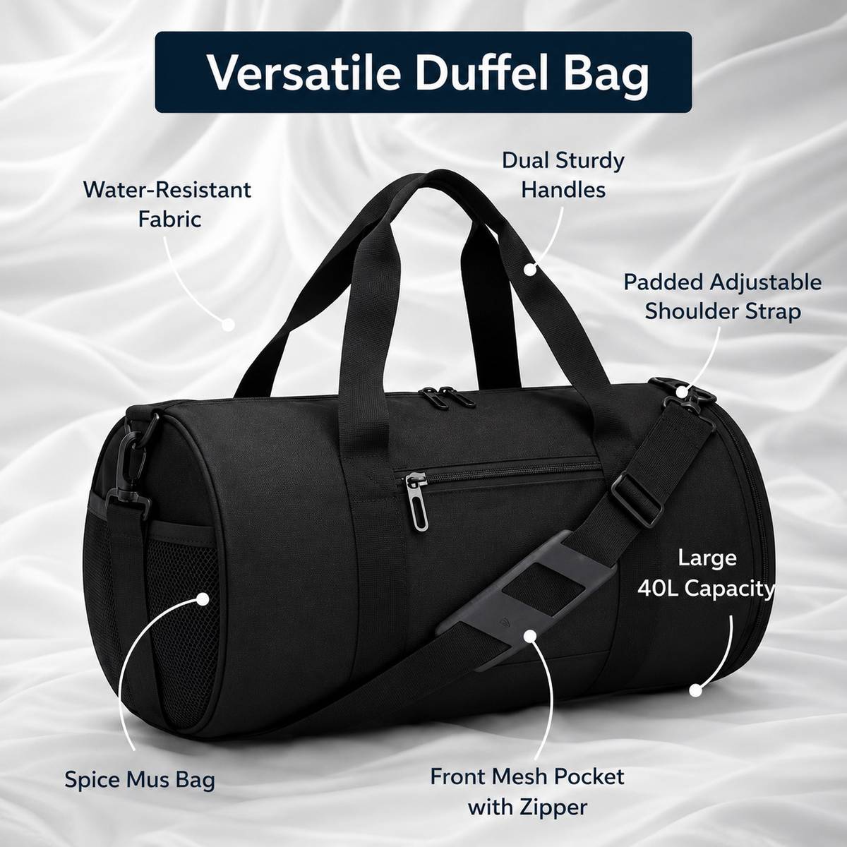Kaivo 17 Inch Gym Duffle Bag Sports Travel Shoulder Bag with Bottle Pocket Black Gym Duffel Bag — photo 2