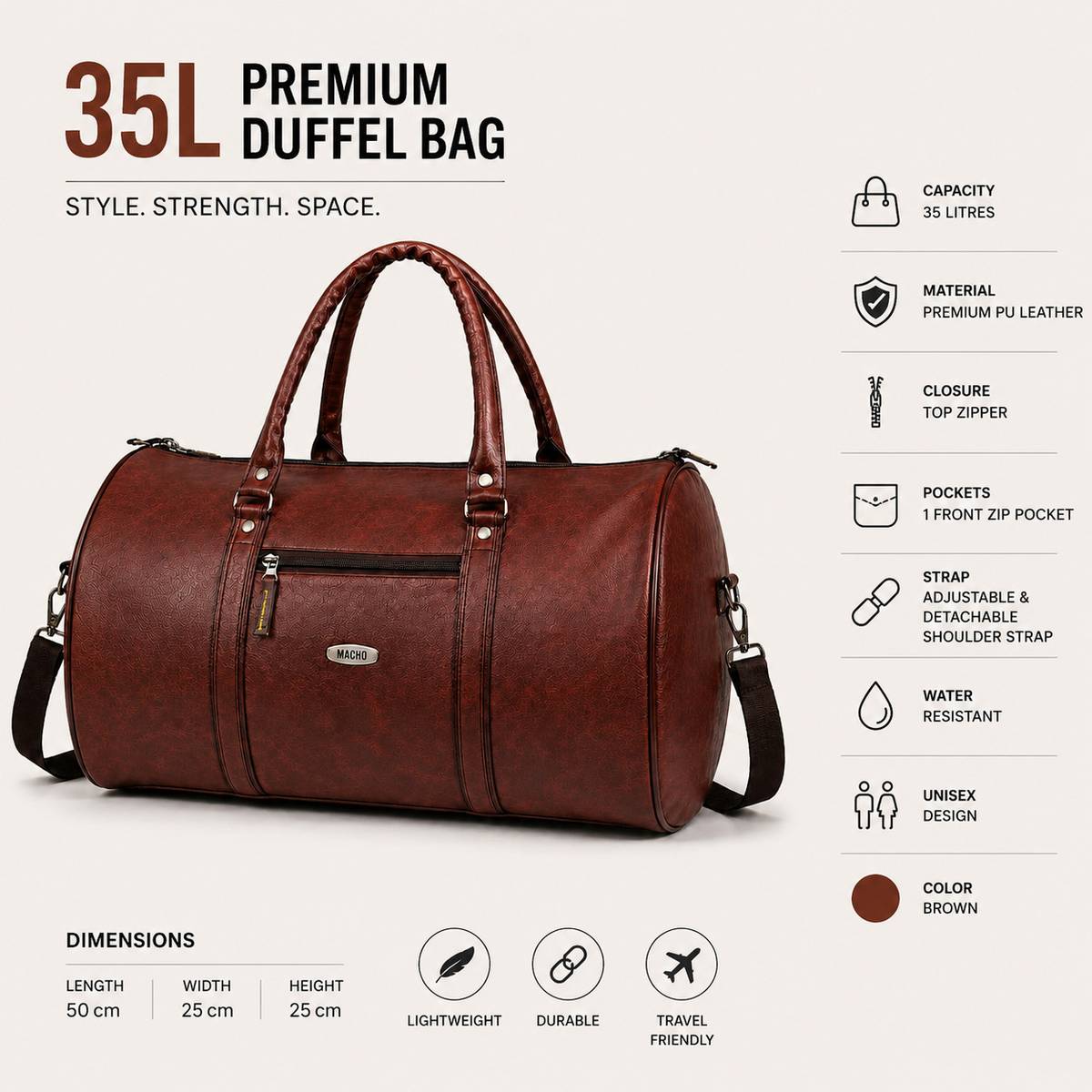 Premium PU Leather Duffel Travel Bag Gym Sports Weekender Bag for Men Women Duffel Without Wheels — photo 5