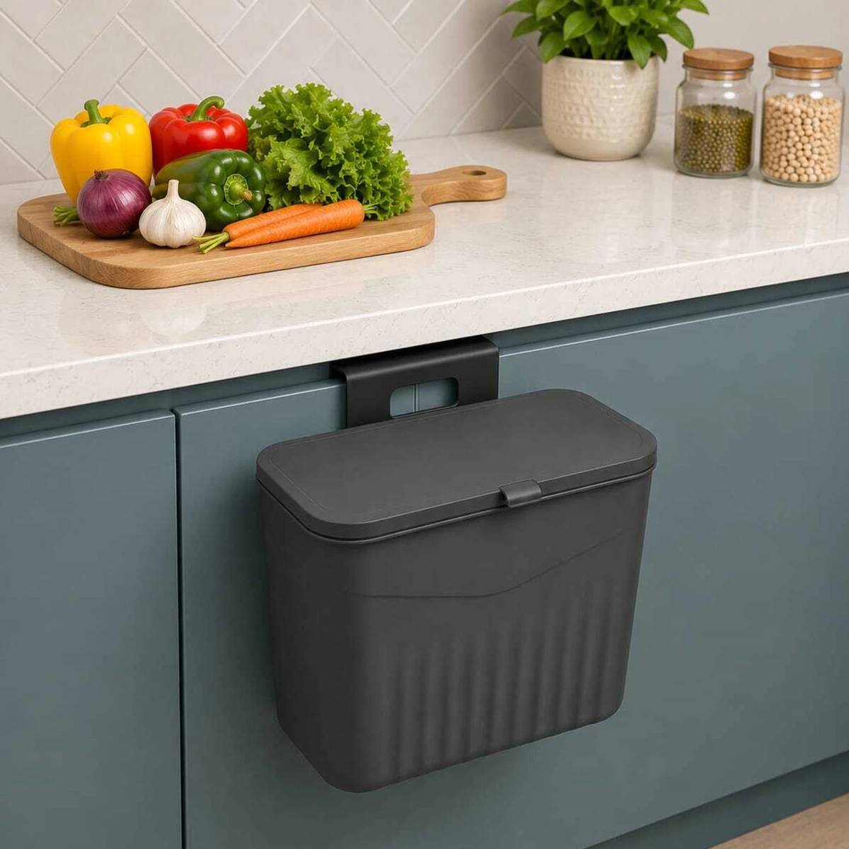 Kitchen Dustbin for Home Hanging Wall Mount Plastic Waste Bin with Lid Grey Plastic Dustbin