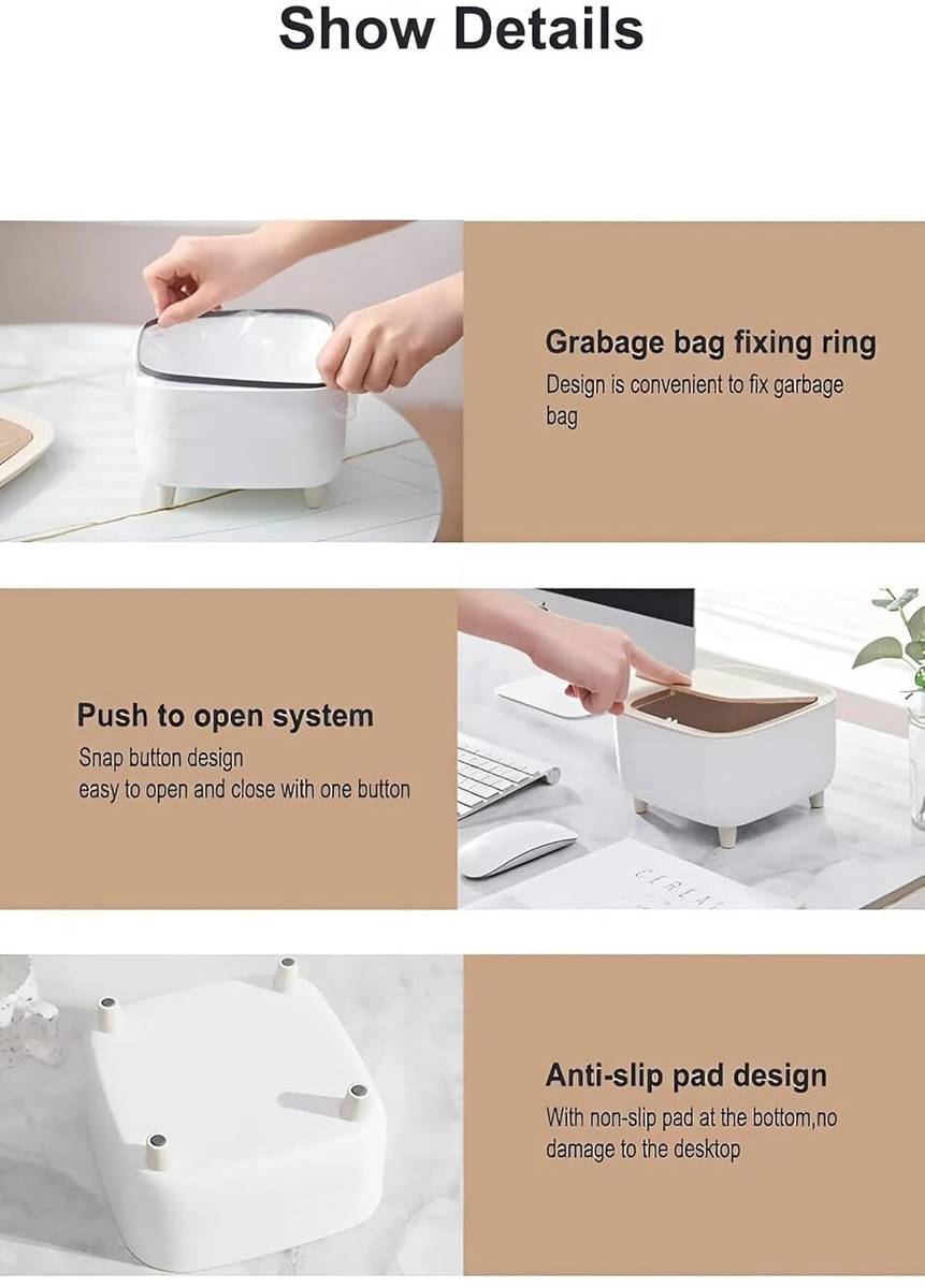 Mini Desktop Trash Can with Lid for Office, Kitchen, Bathroom – White Bin Plastic Dustbin — photo 2