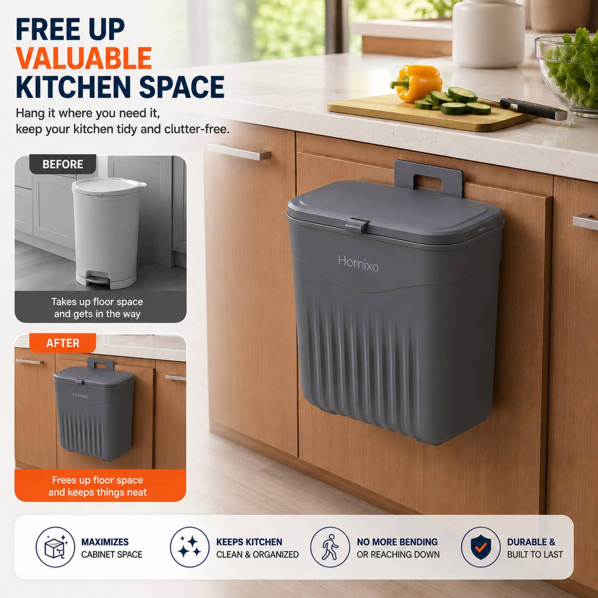 Kitchen Dustbin for Home Hanging Wall Mount Plastic Waste Bin with Lid Grey Plastic Dustbin — photo 4