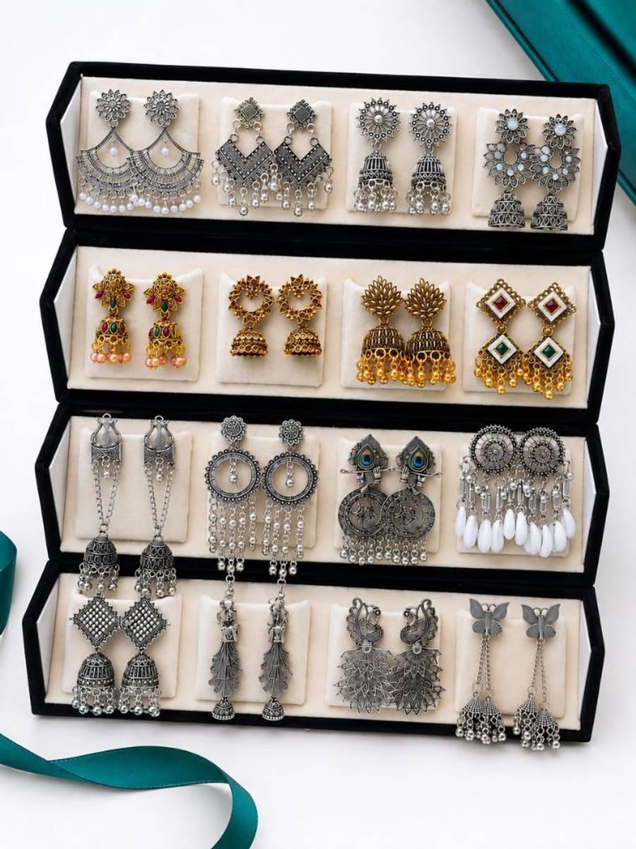 Esyko 16 Pair Earrings Set for Women with Stylish Organizer Box Beads, Pearl Alloy, Silver, Stone Drops & Danglers, Jhumki Earring, Stud Earring