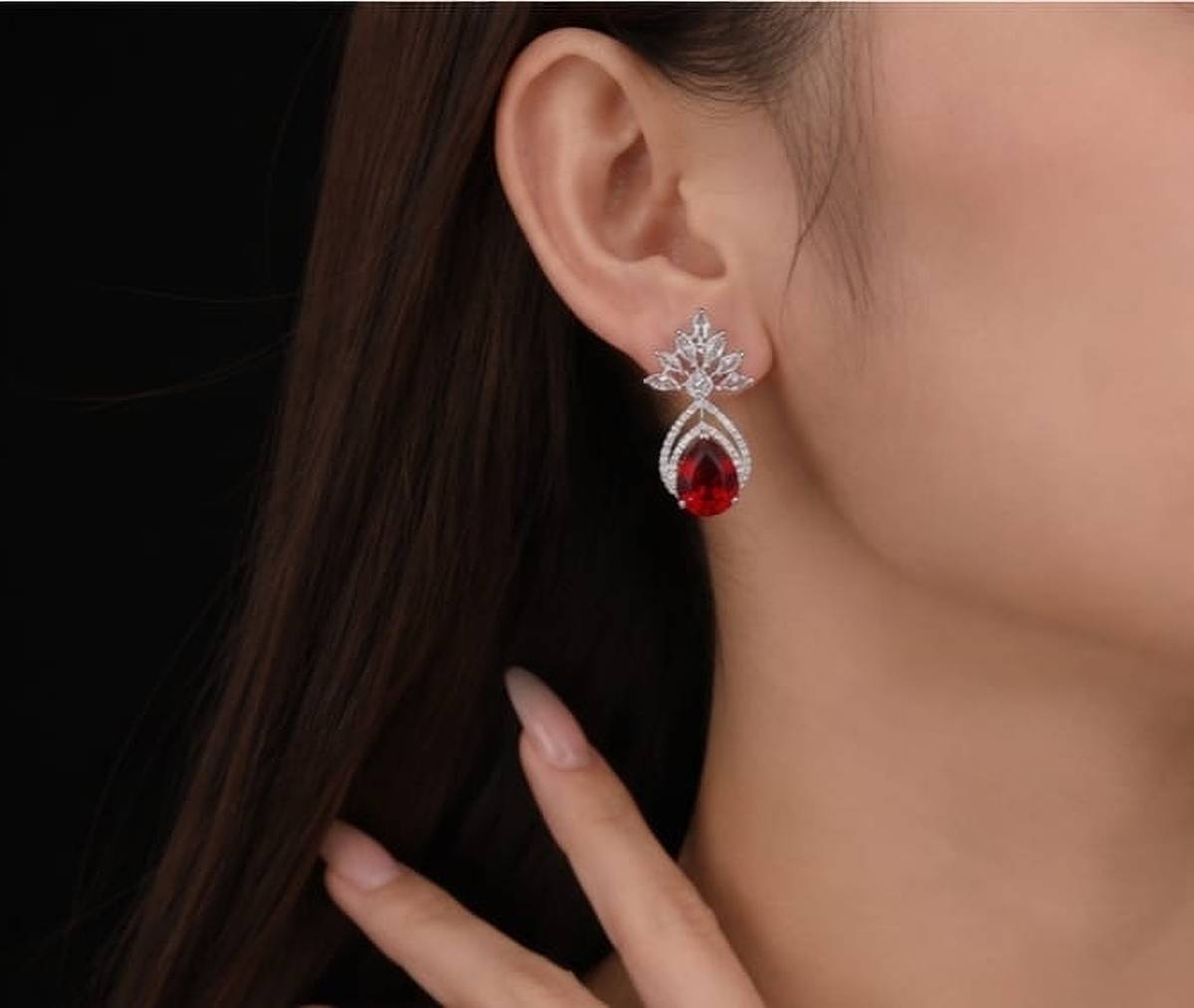 Trending Jewels Flower Leaf shape red cz earrings Zircon Brass Stud Earring — photo 2