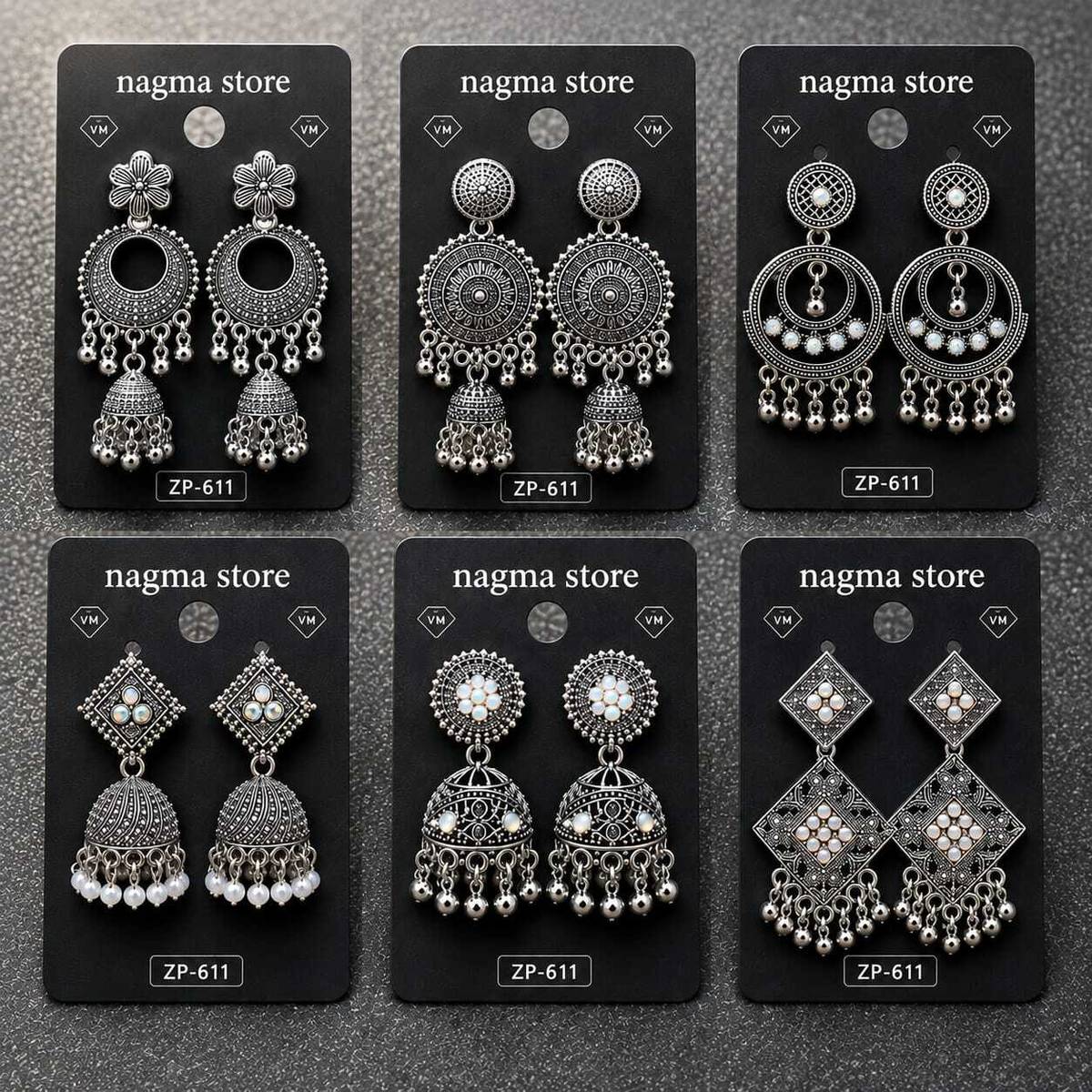 nagma store Pack Of 6 Oxidised Silver Jhumka Earrings Alloy Cuff Earring, Drops & Danglers, Earring Set, Hoop Earring, Huggie Earring, Jhumki Earring