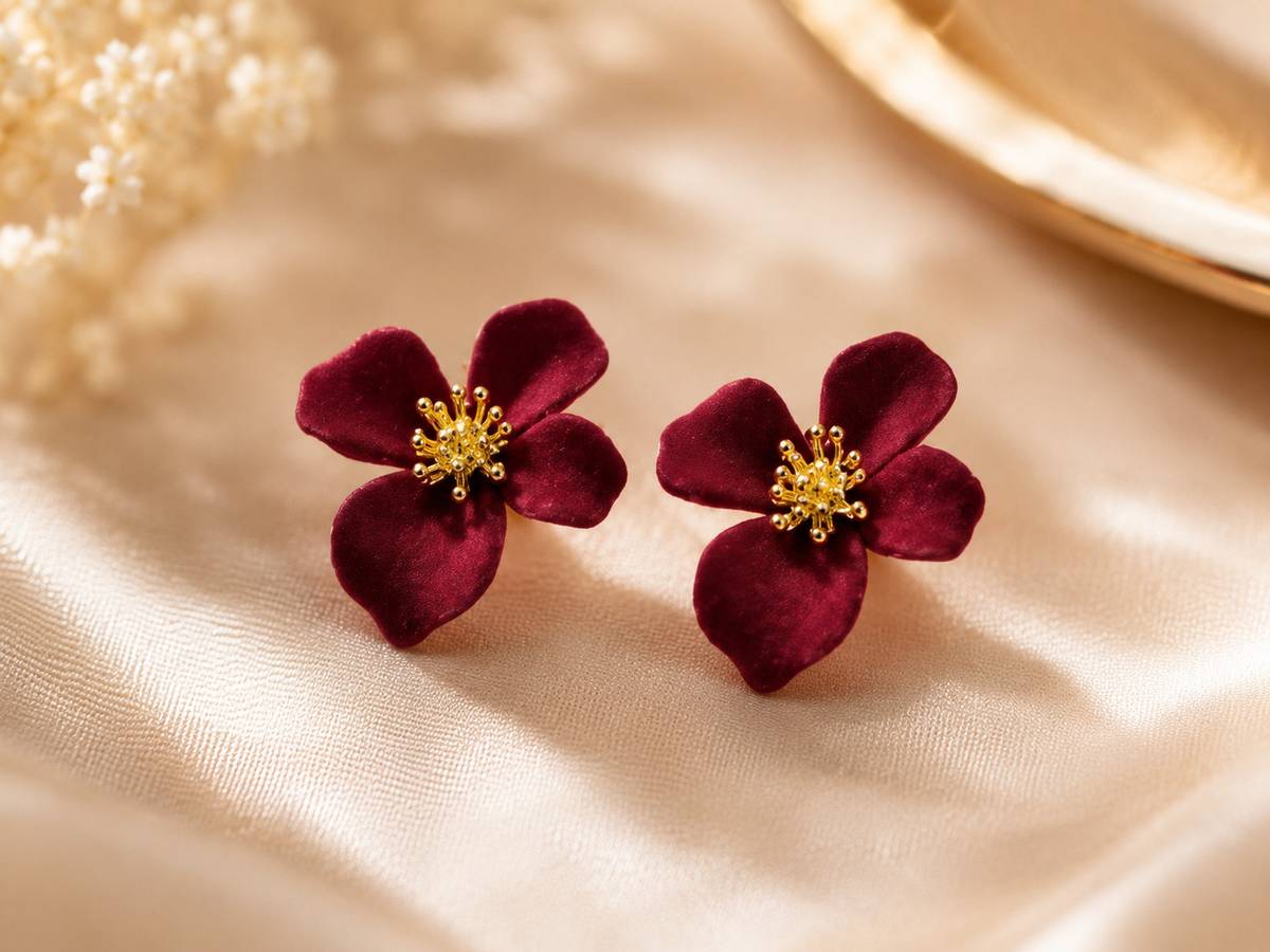 Houseofshivora Wine Red Floral Earrings Alloy Stud Earring, Drops & Danglers