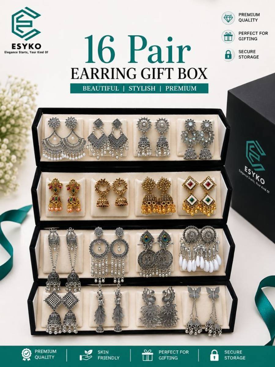 Esyko 16 Pair Earrings Set for Women with Stylish Organizer Box Beads, Pearl Alloy, Silver, Stone Drops & Danglers, Jhumki Earring, Stud Earring — photo 2