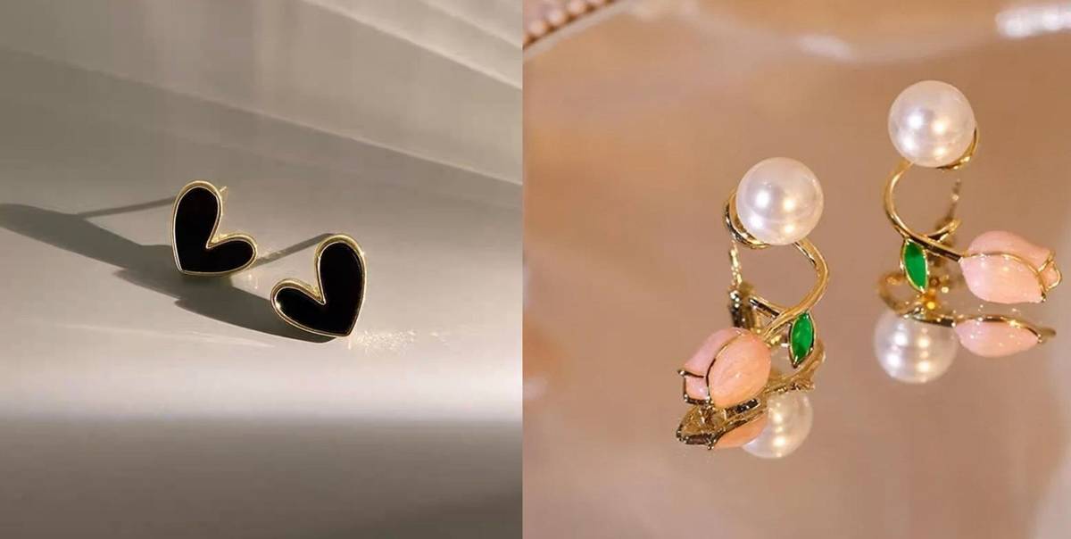RISHASTYLE Korean gold plated black shine earrings 1 pair Zircon Alloy Stud Earring
