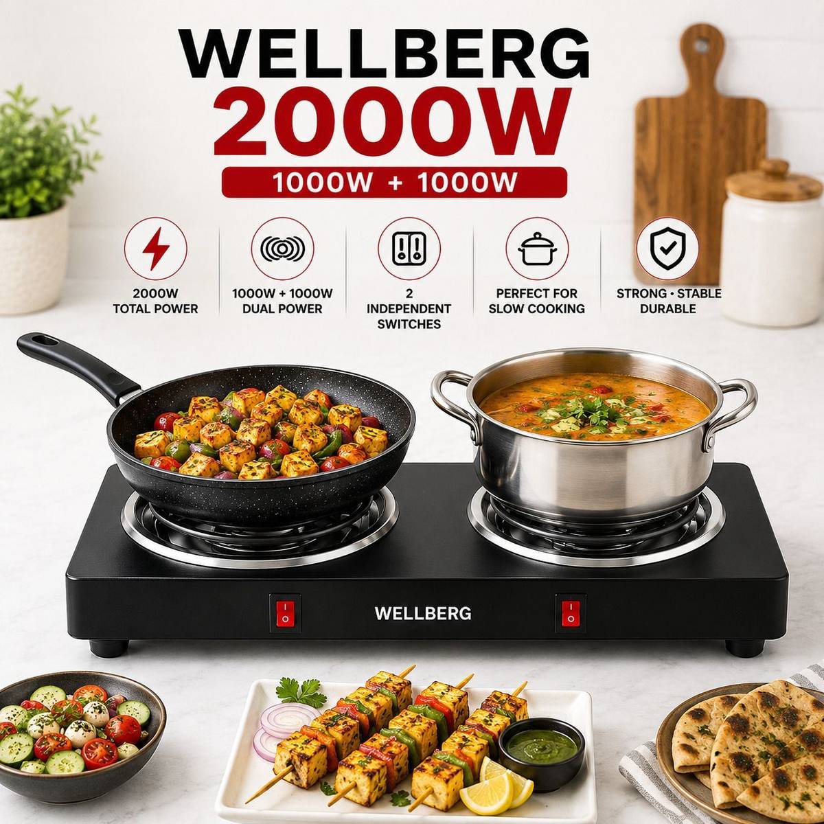 Portable 2 Burner Double Coil Electric Stove 2000W -Efficient Hot Plate for Home Electric Cooking Heater — photo 2