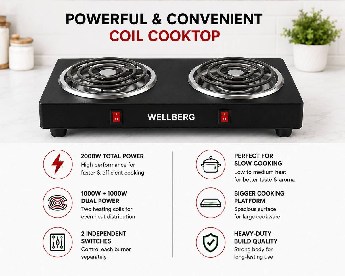Portable 2 Burner Double Coil Electric Stove 2000W -Efficient Hot Plate for Home Electric Cooking Heater — photo 4