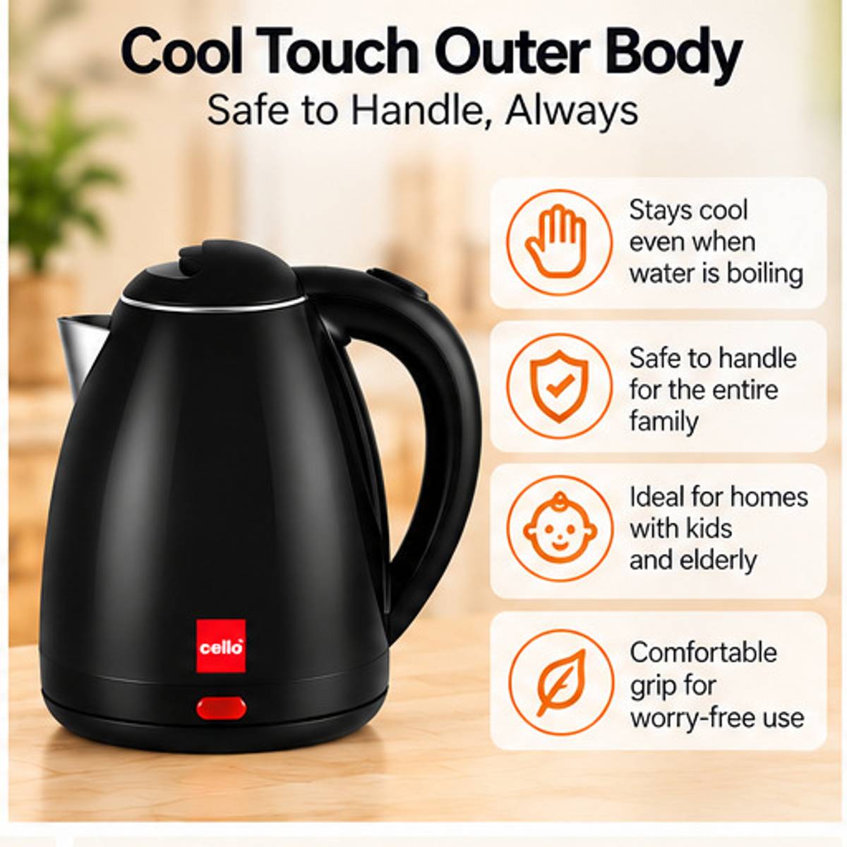 Pluto Quick Boil 1350 Watts Double Wall Cool Touch Outer Body Stainless Steel Electric Kettle — photo 3