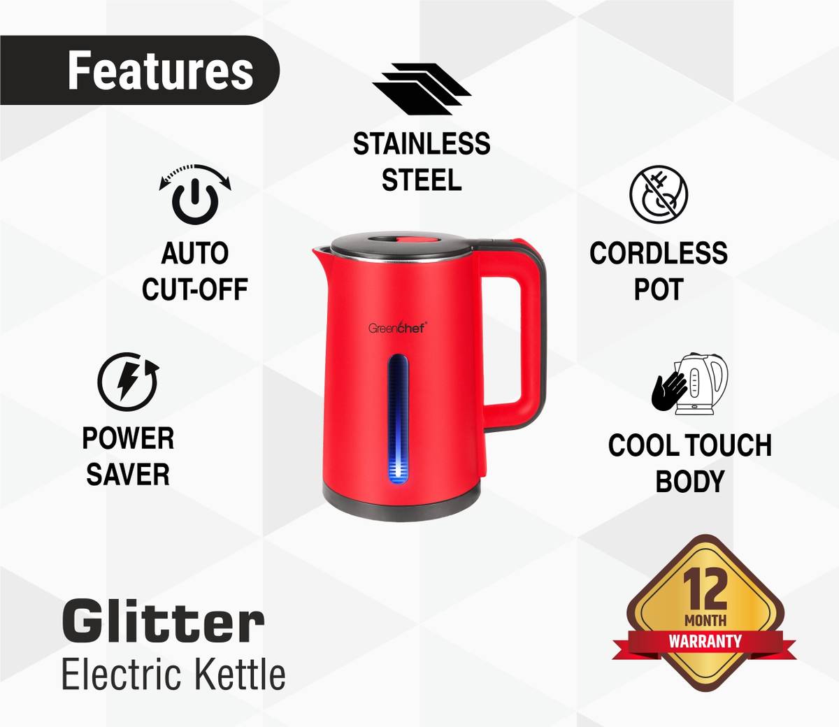 Glitter Cordless Pot with cool touch body 1500 watts Electric Kettle — photo 2