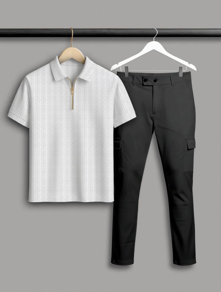 COMBRAIDED Self Design Men Polo Neck White, Black T-Shirt