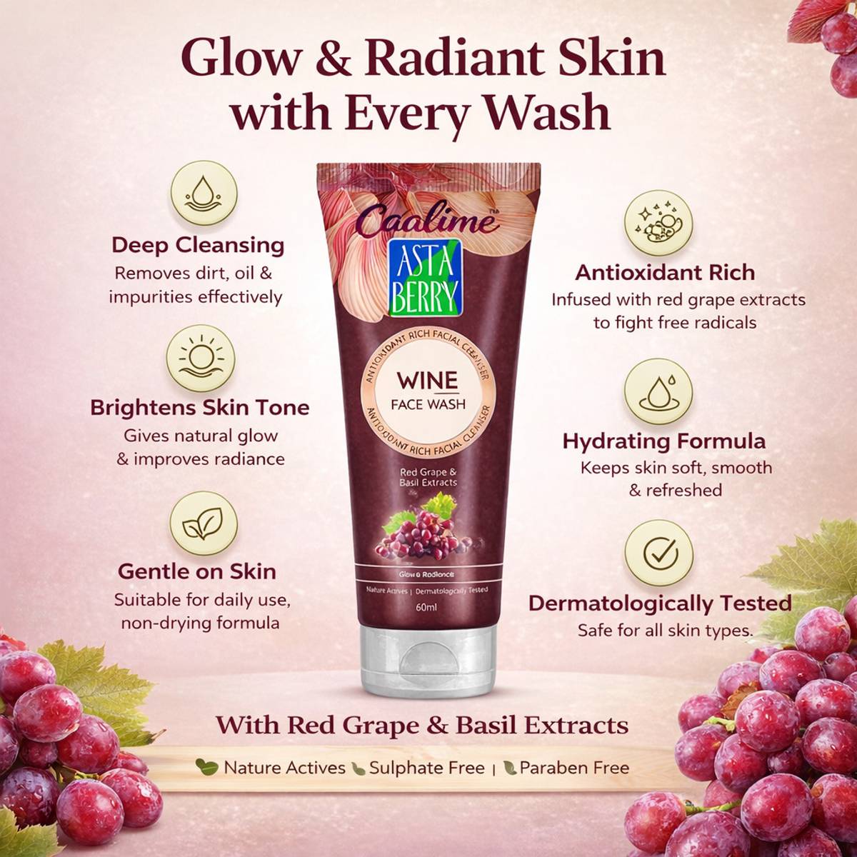 Caalime Astaa Berry Wine  | Antioxidant Rich Cleanser with Red Grape & Basil Extracts|Pack of 1 Face Wash — photo 3